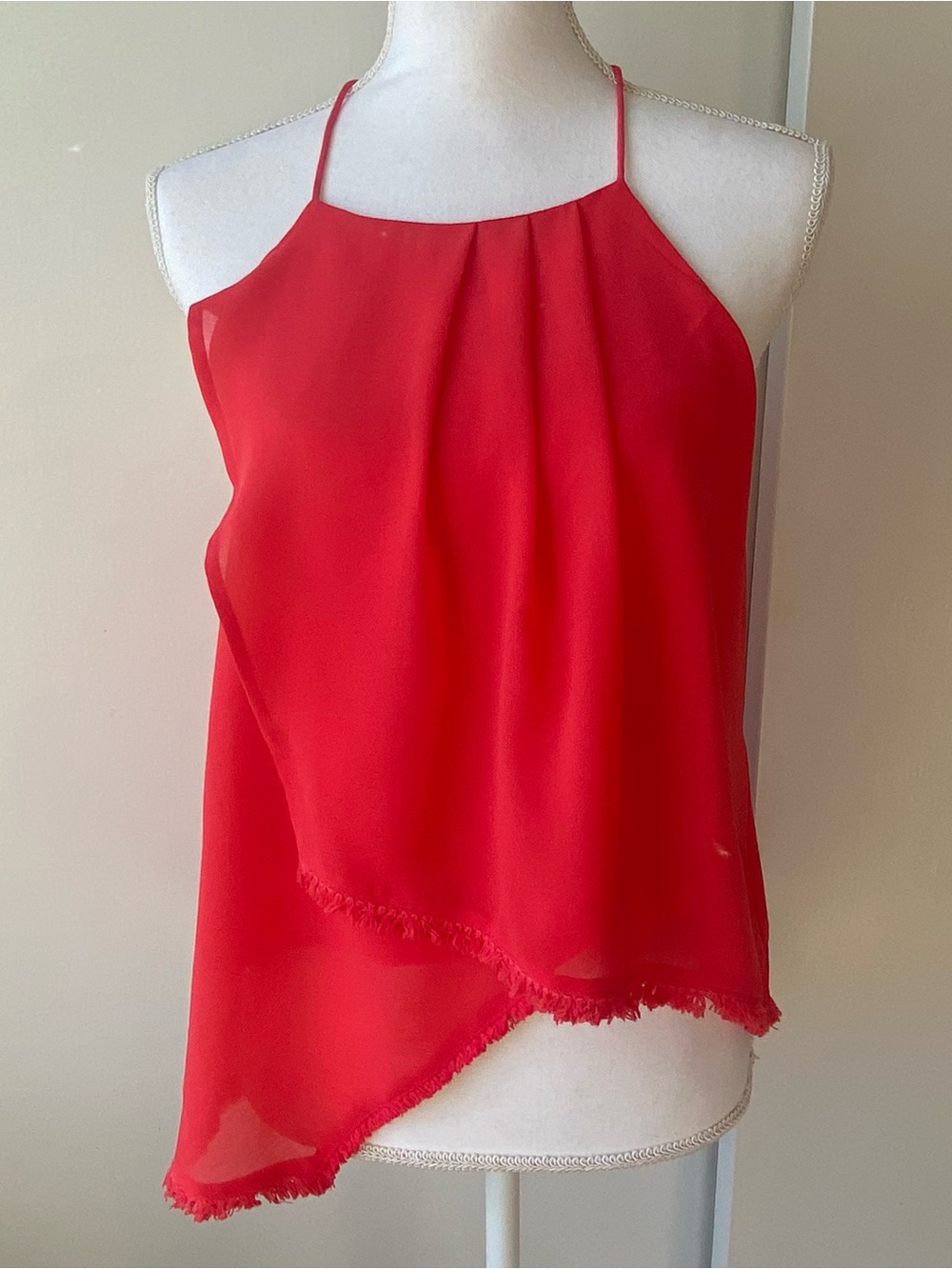 Anthropologie Moon River Top Size Small Red Flowy Tank Top Crossover Fringe EUC